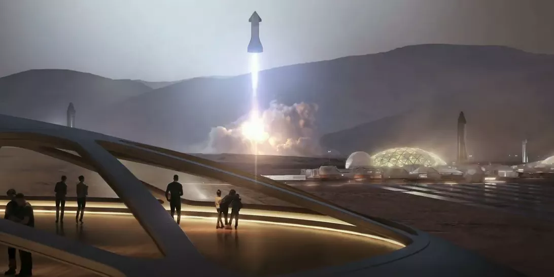 Three Starships on Mars. One taking off. People waching lauch from inside dome.
